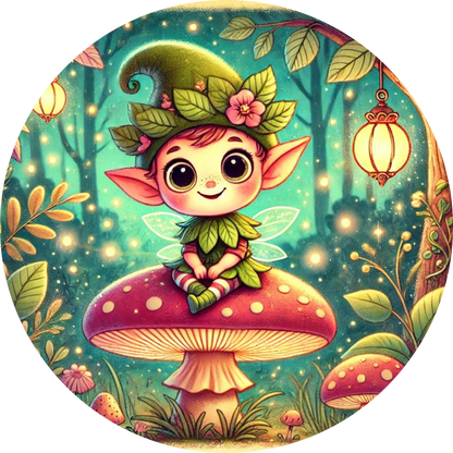 Kleiner Kobold mit Blätterhut sitzt auf einem Pilz vor märchenhaftem Hintergrund

