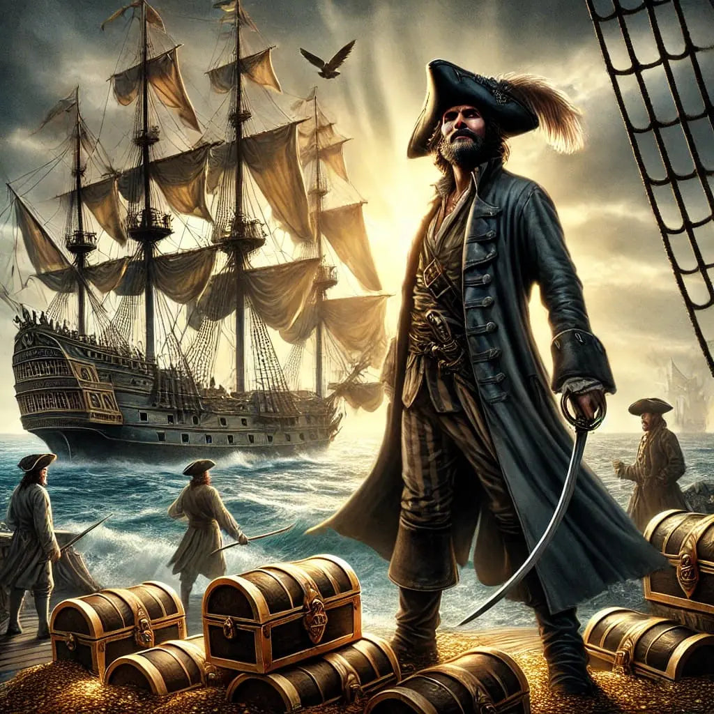 Pirat mit Schatz und Schiffen
Ein Pirat steht triumphierend vor Fässern, Kanonen und Segelschiffen – klassisches Bild einer Schatzjagd auf hoher See.