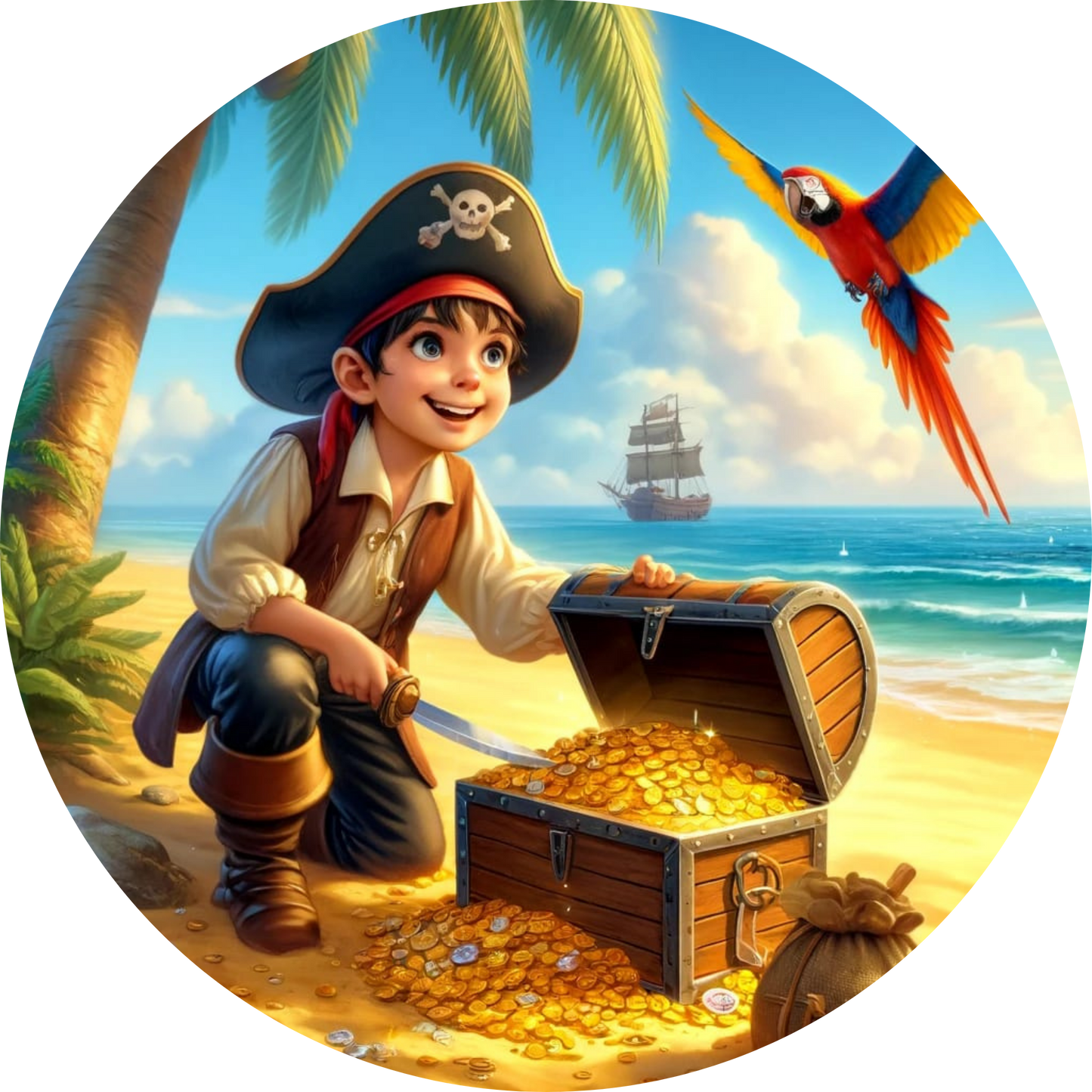 Kindlicher Pirat mit Schatztruhe am Strand, Meer im Hintergrund