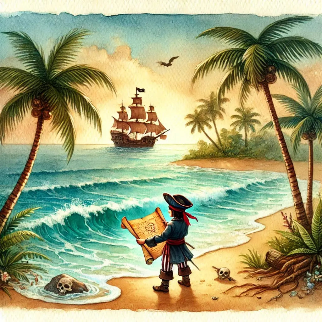 Junge Pirat mit Schatzkarte unter Palmen