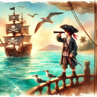 Piraten auf wackeligem Steg zwischen Schiff und Insel