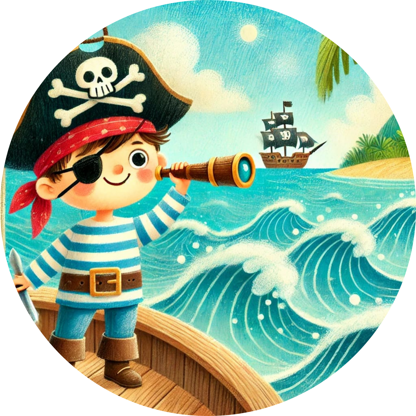 Kindlicher Pirat mit Fernglas steht an Deck eines Schiffs, Wellen im Hintergrund

