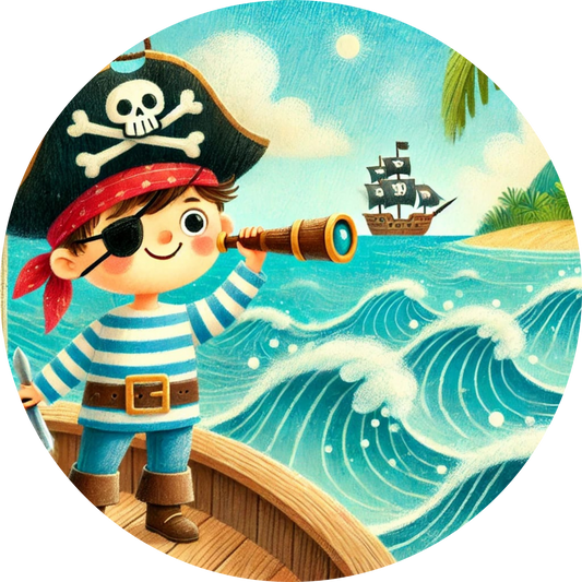 Kindlicher Pirat mit Fernglas steht an Deck eines Schiffs, Wellen im Hintergrund
