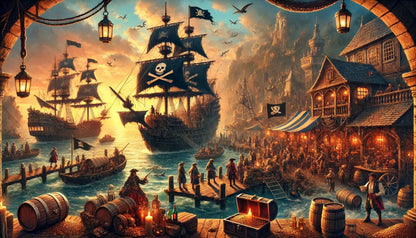 Piratenhafen bei Nacht
Zahlreiche Piratenschiffe im Hafen, beleuchtet von Laternen – geschäftiges Treiben in einer geheimen Piratenbucht bei Nacht.