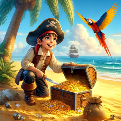 Piratenjunge findet Schatztruhe unter Palme
