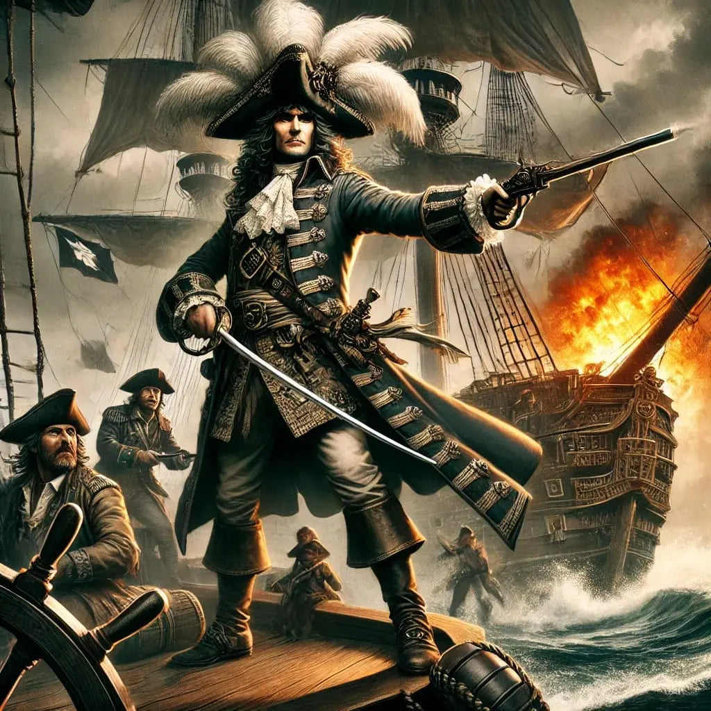 Pirat in Schlachtpose vor brennendem Schiff
Ein entschlossener Piratenkapitän mit gezücktem Schwert vor einem explodierenden Schiff – dynamische Szene voller Action.