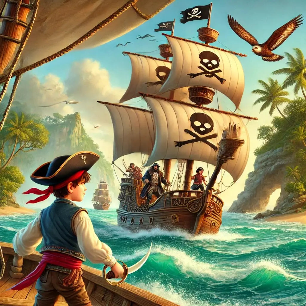 Piratenschiff mit flatternden Flaggen, Kind beobachtet vom Ufer