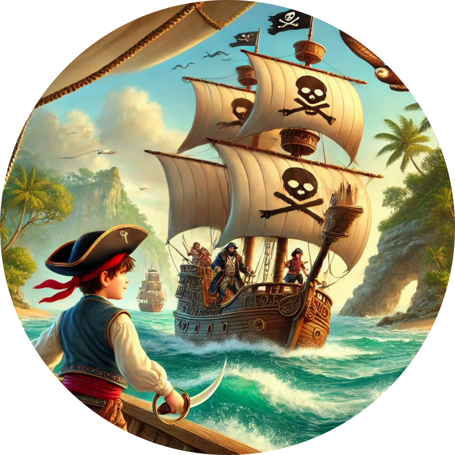 Segelndes Piratenschiff auf hoher See bei Sonnenuntergang