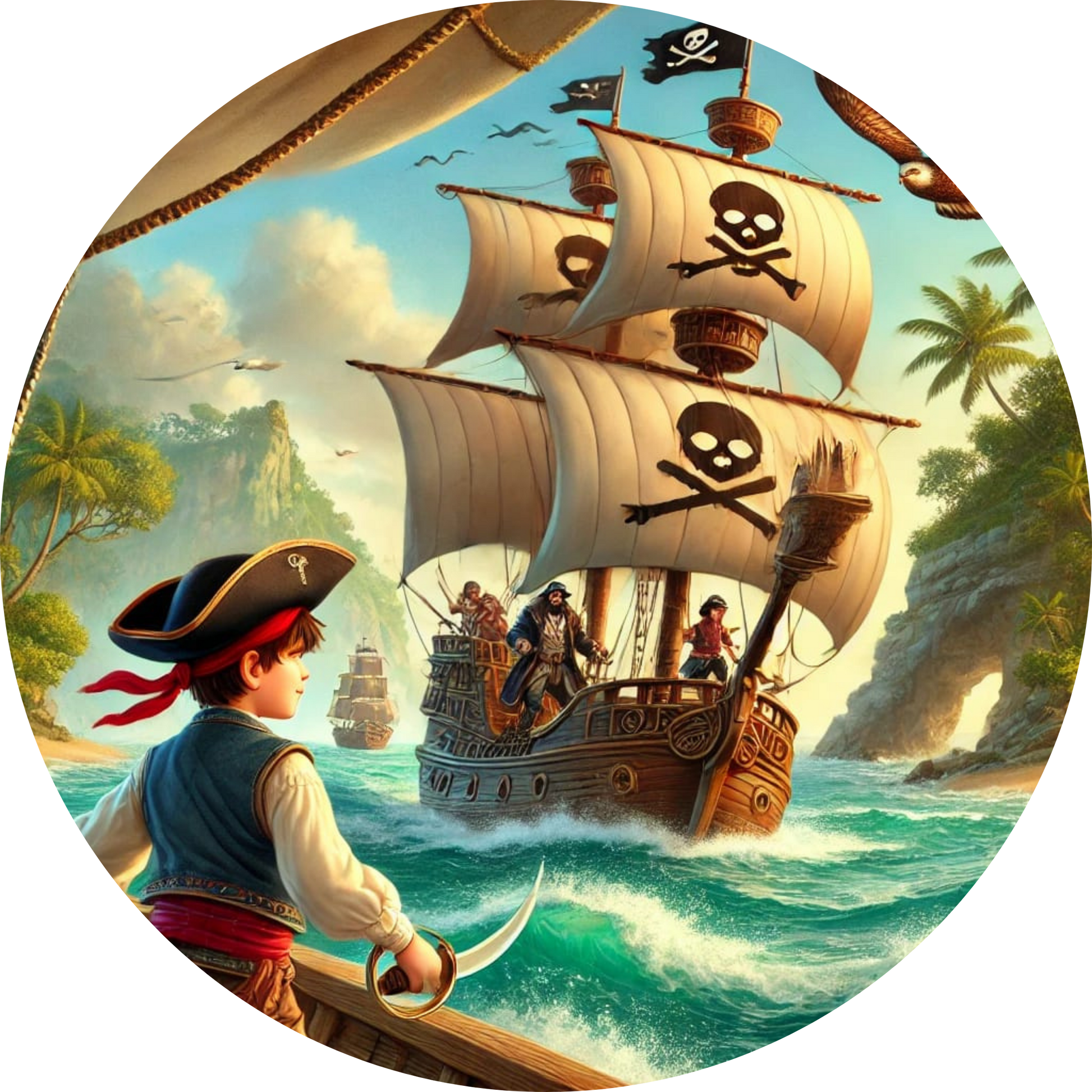 Segelndes Piratenschiff auf hoher See bei Sonnenuntergang