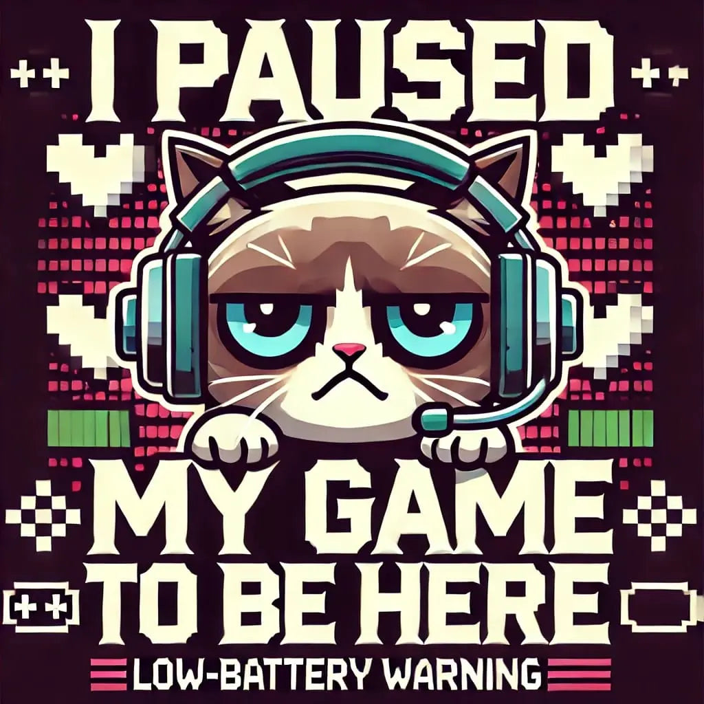 Pixel-Katze mit „Pause“-Spruch – Comic-Katze mit Brille und Kapuze, darunter der Schriftzug: „I paused my game to be here“