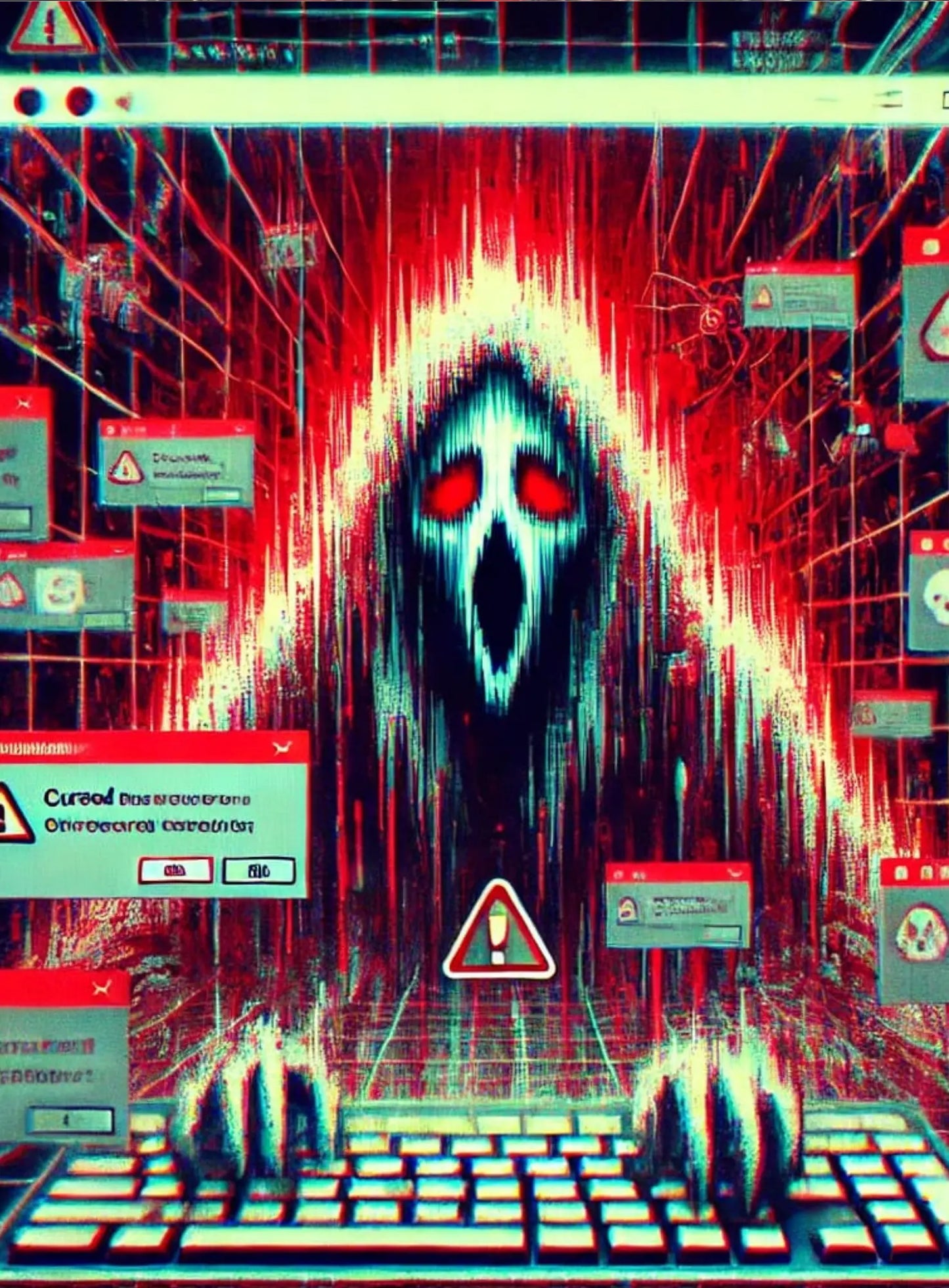 Düsteres Pixelkunstwerk mit digitalem Totenschädel, umgeben von einem Strudel aus Chaos und Verzerrung.