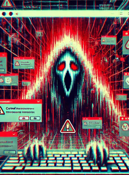 Düsteres Pixelkunstwerk mit digitalem Totenschädel, umgeben von einem Strudel aus Chaos und Verzerrung.