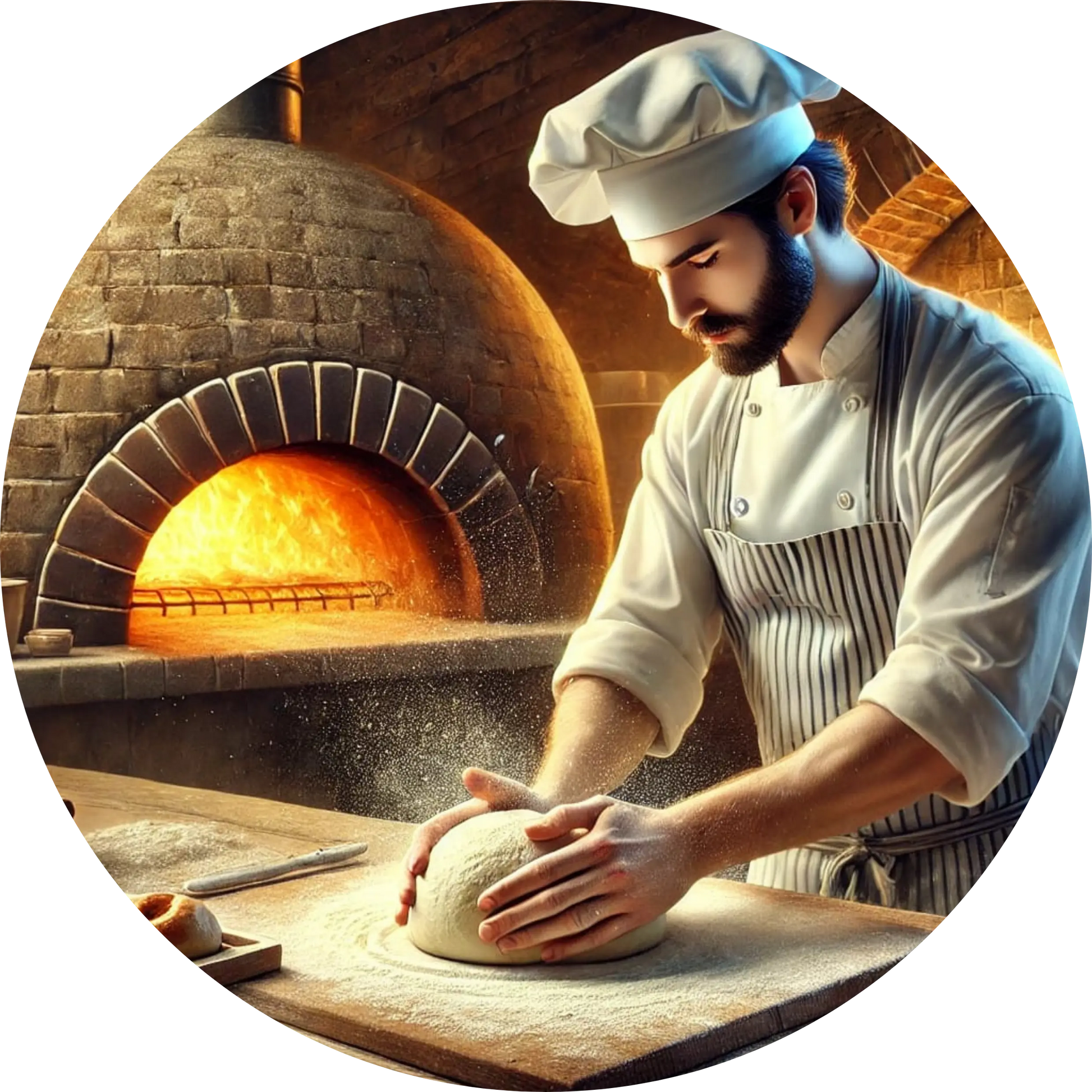 Pizzabäcker schiebt frische Pizza mit Holzschieber in Steinofen