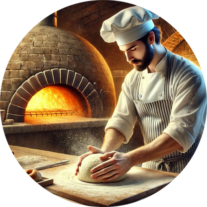 Pizzabäcker schiebt frische Pizza mit Holzschieber in Steinofen