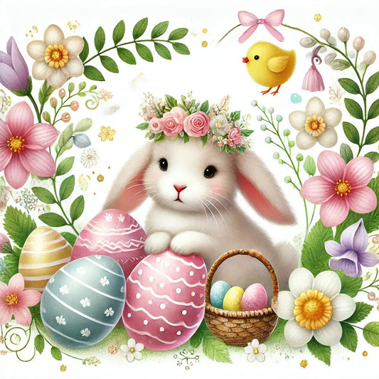 Weiße Plüschhäsin mit Blumenkranz und Ostereiern, zarte, frühlingshafte Szene.