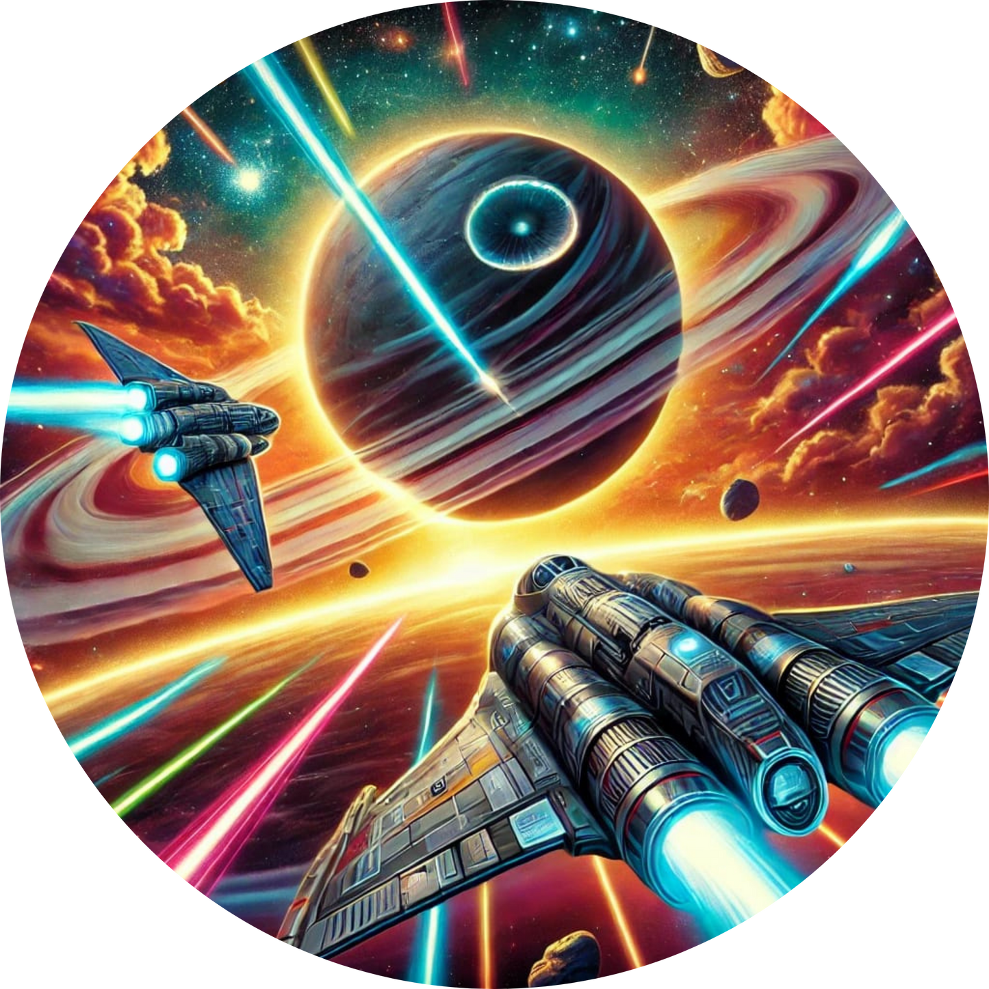 Neonfarbener Planet mit geometrischem Muster im Hintergrund
