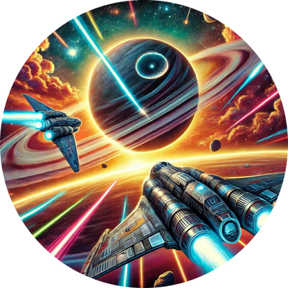 Neonfarbener Planet mit geometrischem Muster im Hintergrund
