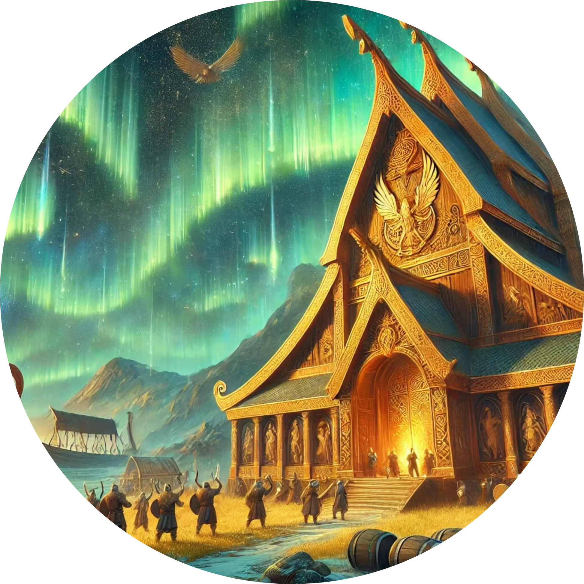 Tempel unter Polarlichtern inmitten schneebedeckter Landschaft