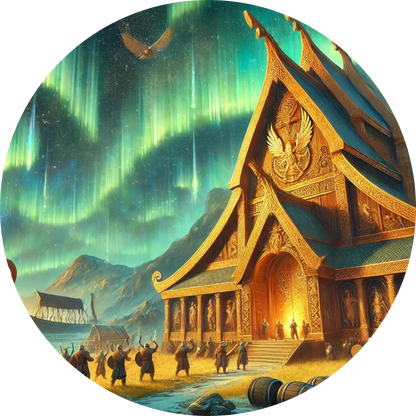 Tempel unter Polarlichtern inmitten schneebedeckter Landschaft