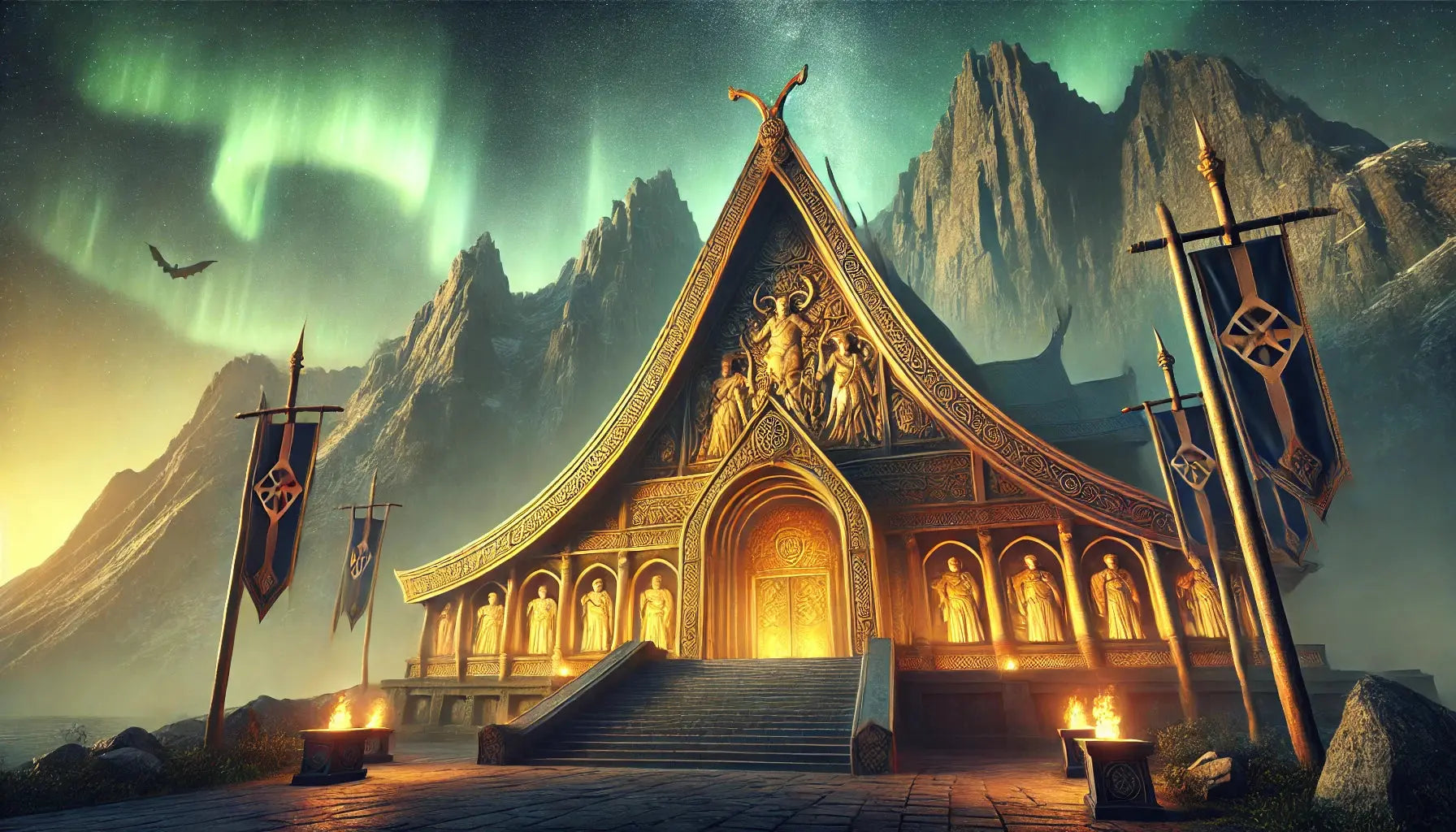Prächtiger Tempel inmitten eines winterlichen Gebirges, beleuchtet von Polarlichtern – Sinnbild für göttliche Orte voller Frieden und Macht.