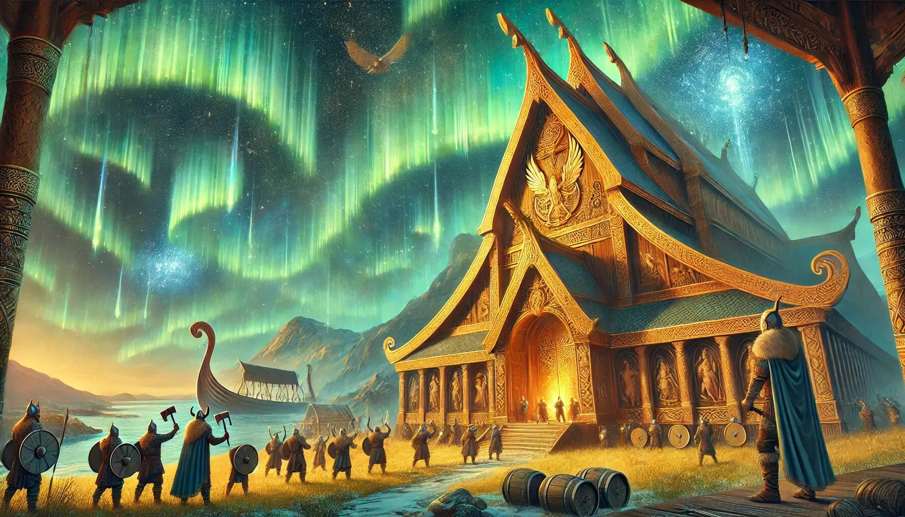 Traditionelles nordisches Haus im warmen Licht unter farbenfrohen Polarlichtern – friedvolle Atmosphäre einer Wikinger-Siedlung.