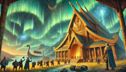 Traditionelles nordisches Haus im warmen Licht unter farbenfrohen Polarlichtern – friedvolle Atmosphäre einer Wikinger-Siedlung.