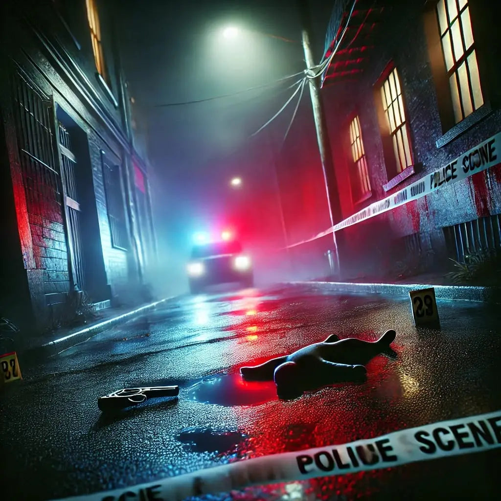 Nachtaufnahme einer düsteren Straße mit einem rasenden Leichenwagen und blinkenden Blaulichtreflexionen. Eine gespenstische Crime-Scene-Atmosphäre, als wäre etwas Furchtbares gerade geschehen