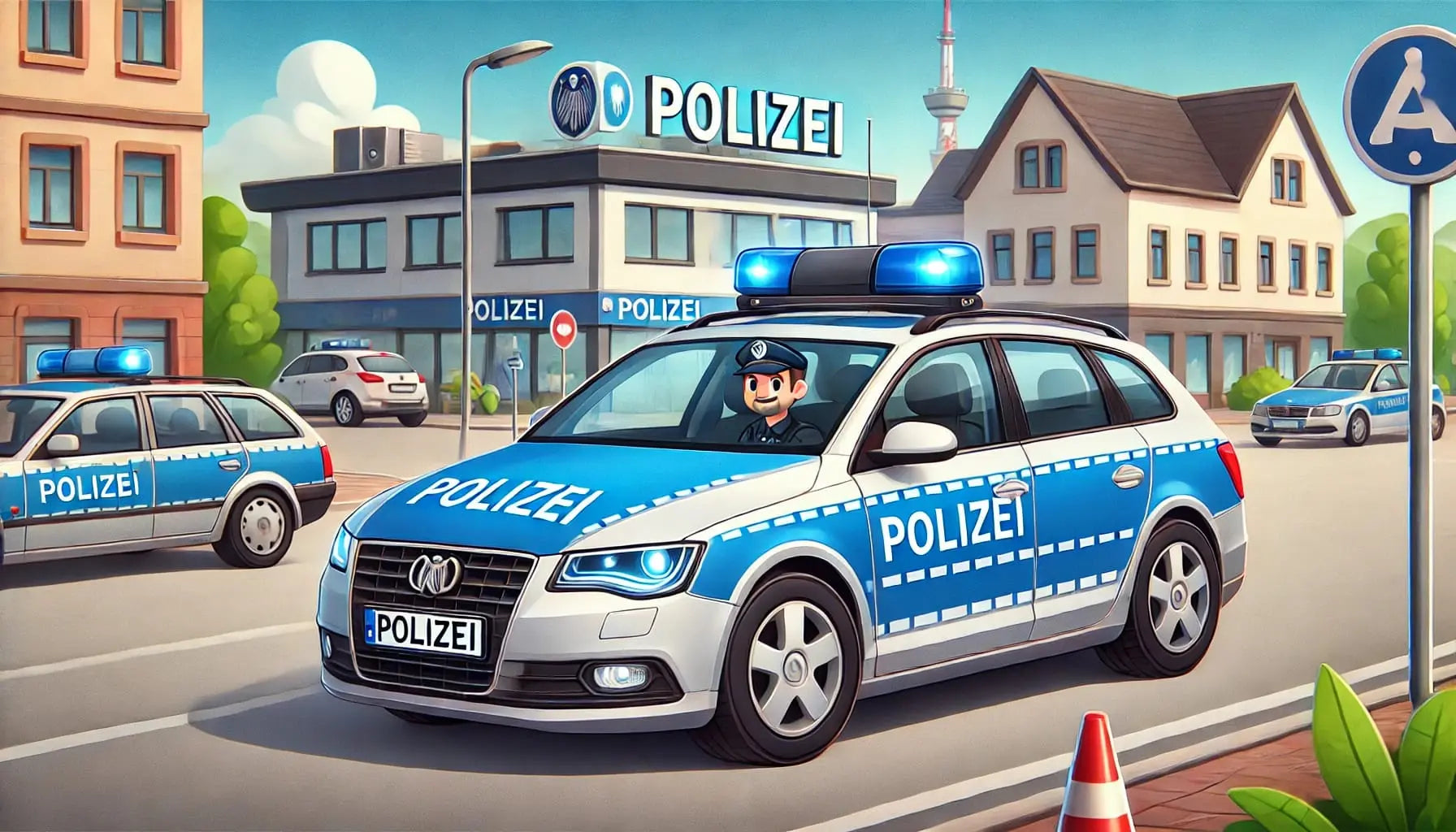 Polizist im Auto. Im Hintergrund das Polizeirevier.