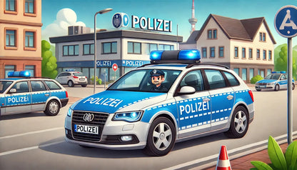 Polizist im Auto. Im Hintergrund das Polizeirevier.