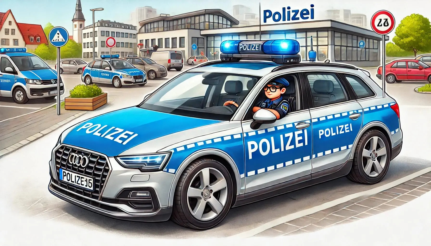 Polizeiauto mit zwei Polizisten im Stadtverkehr