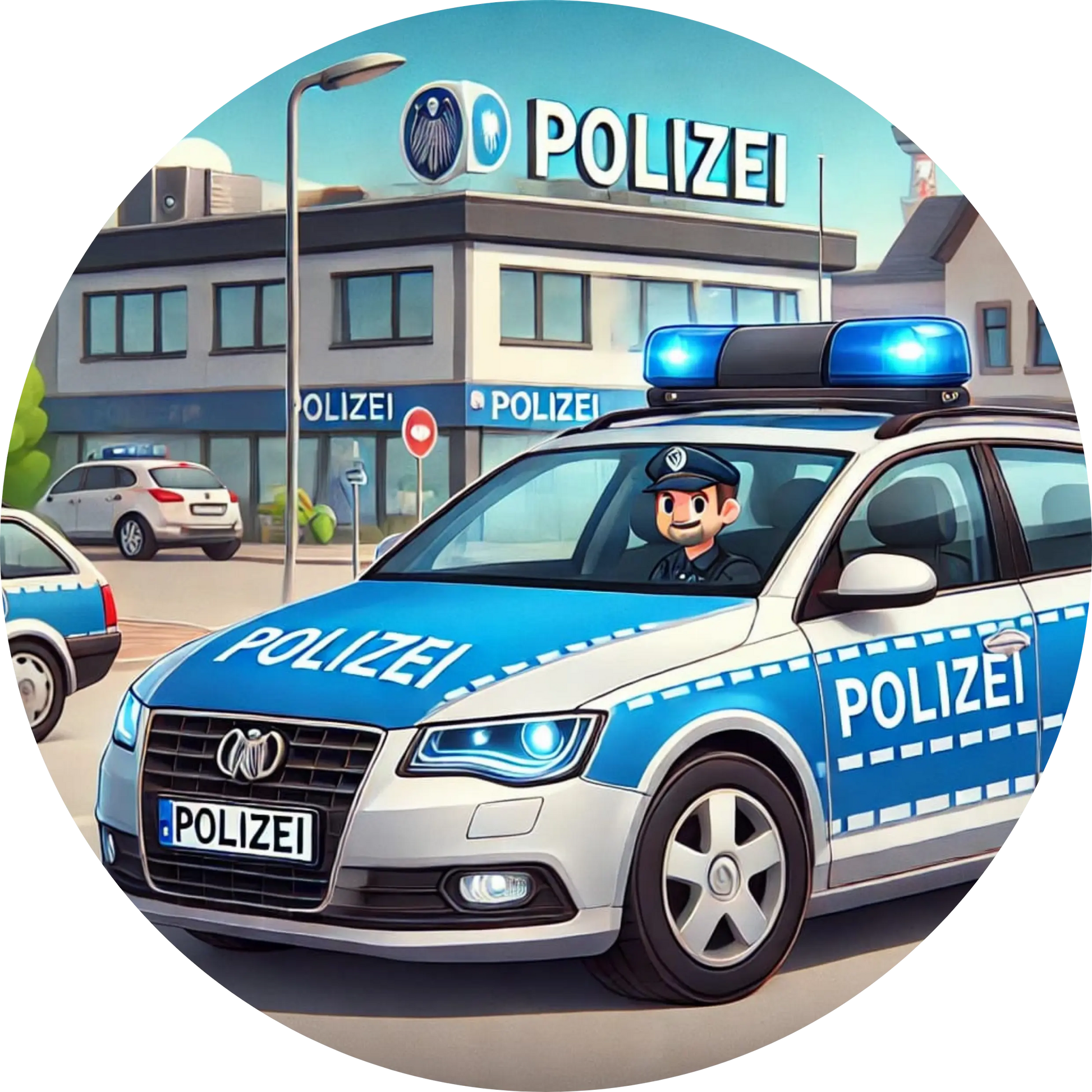 Polizeiauto vor einem Polizeigebäude mit Blaulicht.