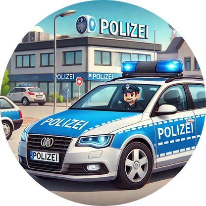 Polizeiauto vor einem Polizeigebäude mit Blaulicht.