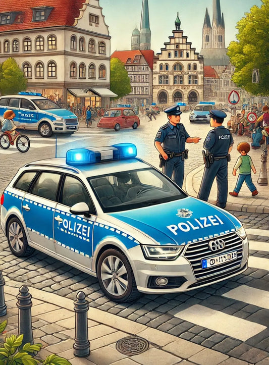 Polizei-SUV im Einsatz vor historischer Stadtkulisse, mit zwei Polizisten.