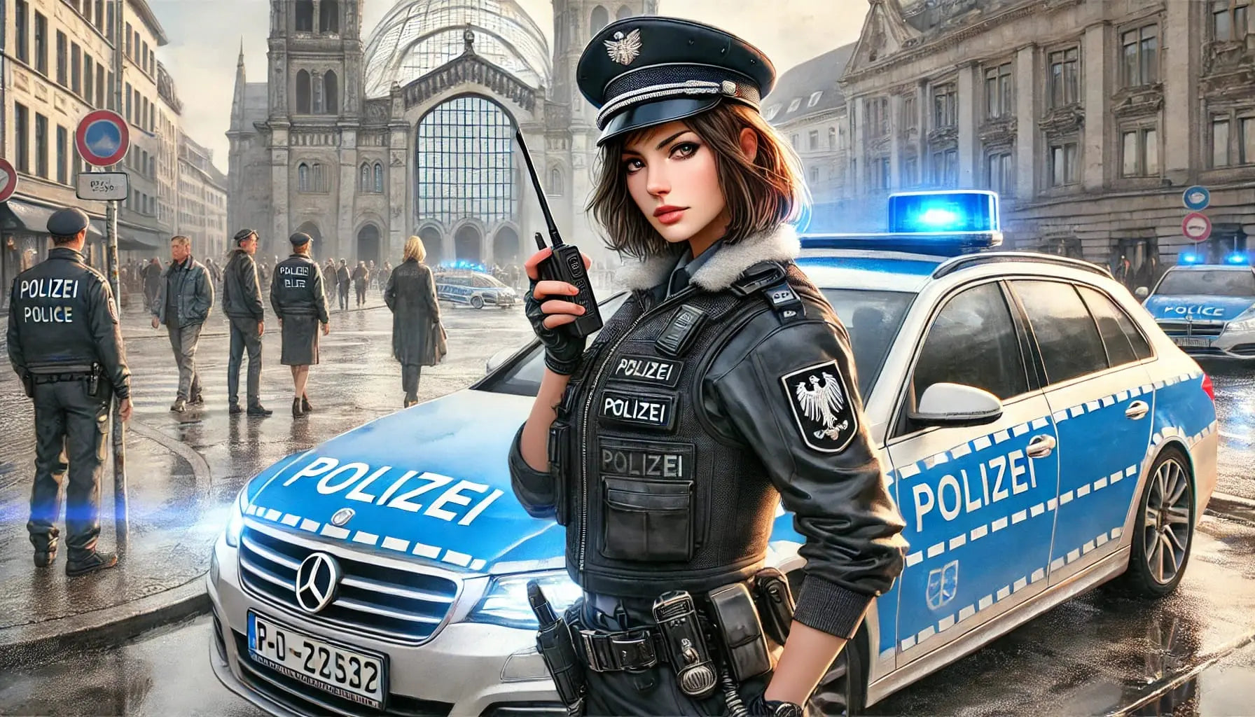 Polizistin vor Stadtkulisse
Essbarer Tortenaufleger im DIN A4 Format – Motiv einer deutschen Polizistin im Einsatz mit Streifenwagen vor historischer Kulisse, stark und präsent