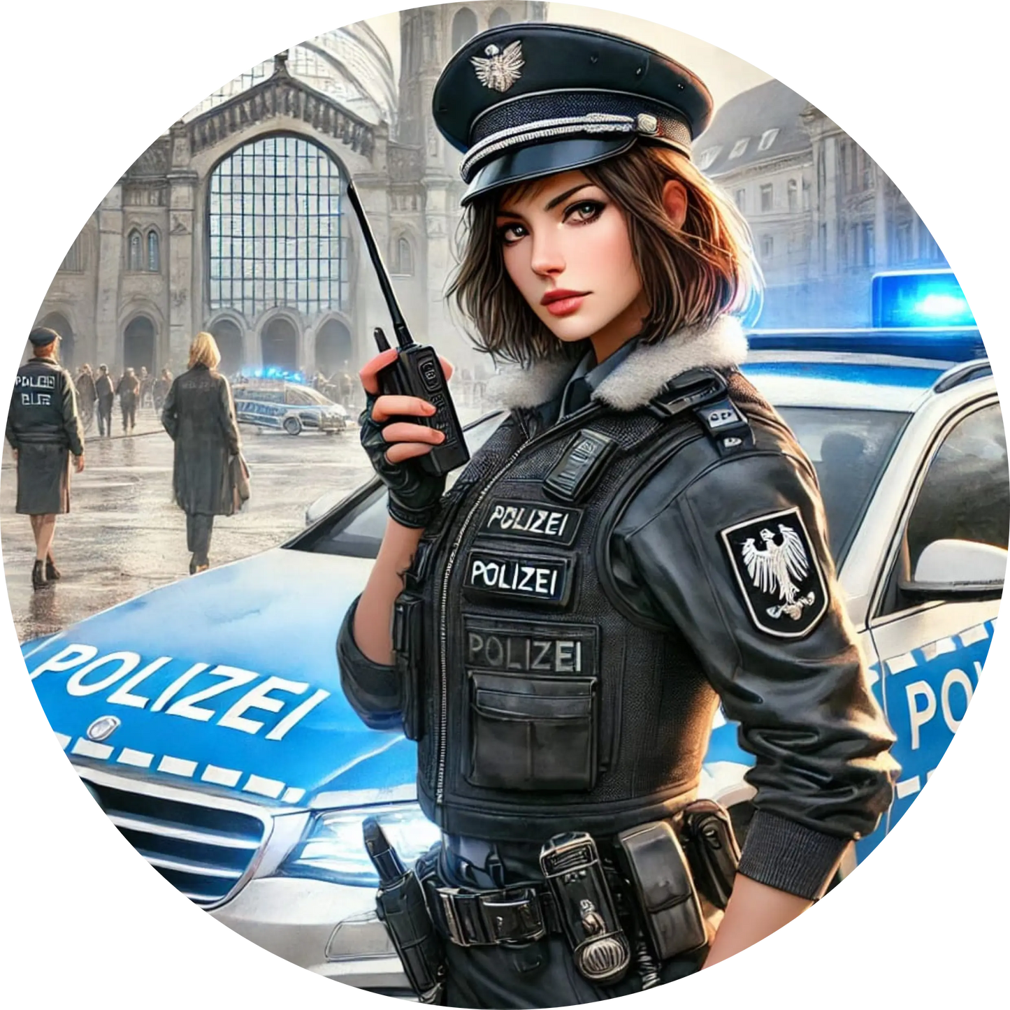 Polizistin in Einsatzkleidung mit Funkgerät vor einem Polizeiwagen