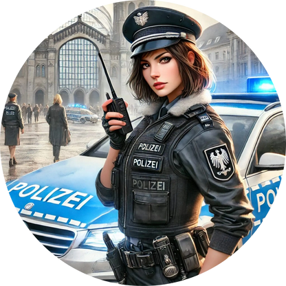 Polizistin in Einsatzkleidung mit Funkgerät vor einem Polizeiwagen