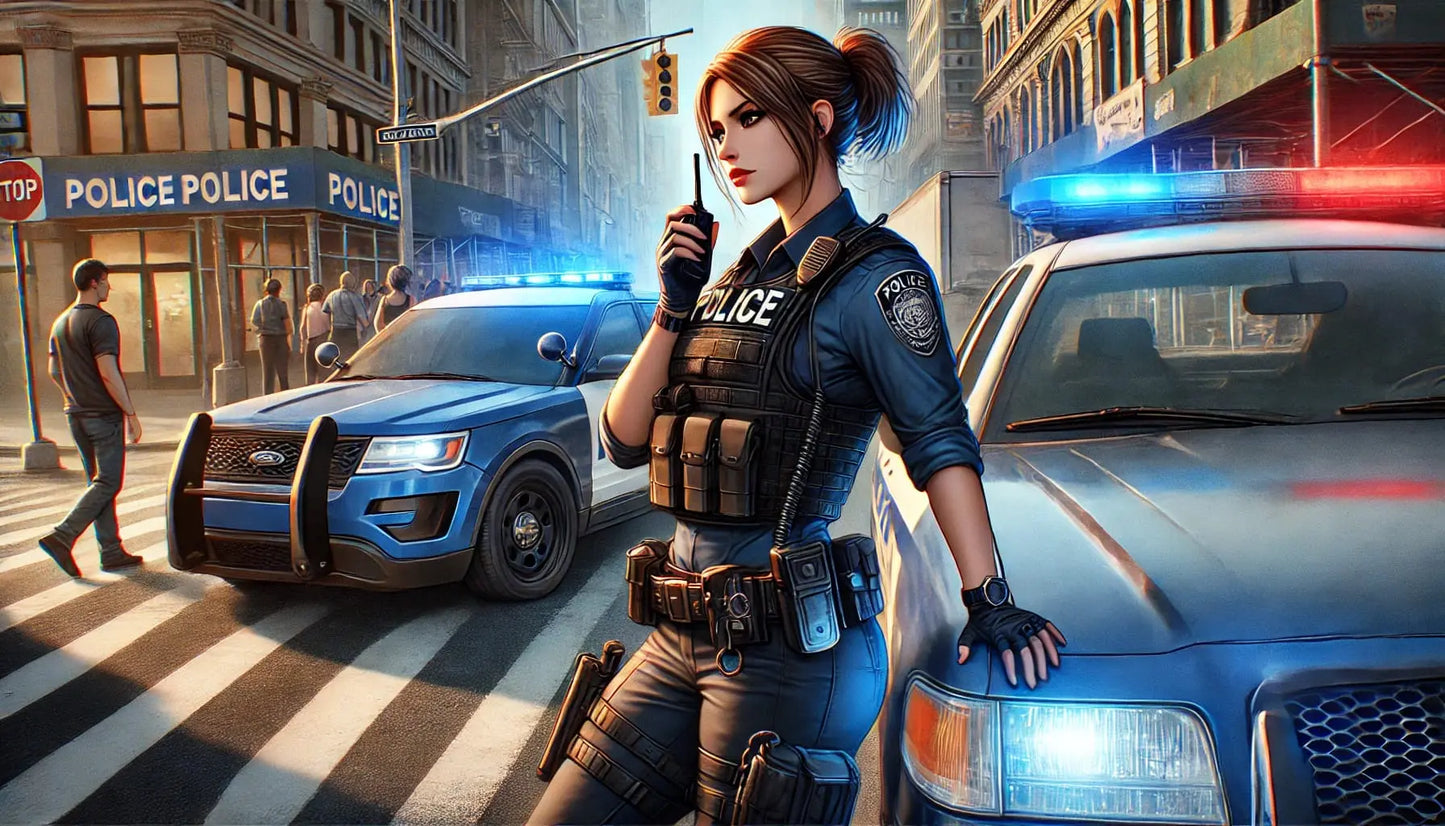 Polizistin mit Funkgerät steht vor zwei Einsatzfahrzeugen in einer Großstadt – moderner Polizeiberuf in Aktion.