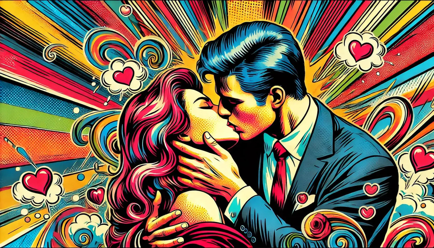 Leidenschaftlicher Kuss im Retro-Comic-Stil – farbenfrohe Pop-Art-Grafik mit Herzsymbolen und energiegeladener Komposition.