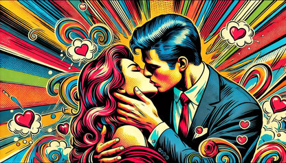 Leidenschaftlicher Kuss im Retro-Comic-Stil – farbenfrohe Pop-Art-Grafik mit Herzsymbolen und energiegeladener Komposition.