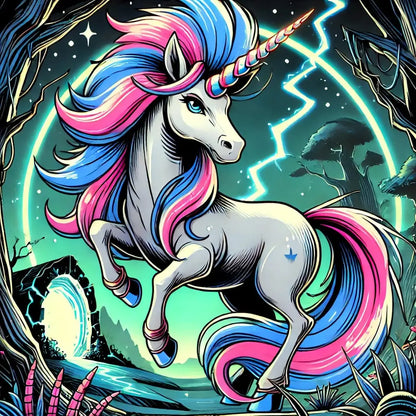 Einhorn mit blitzartigem Hintergrund in Pop-Art-Stil – farbenfroh und dynamisch.