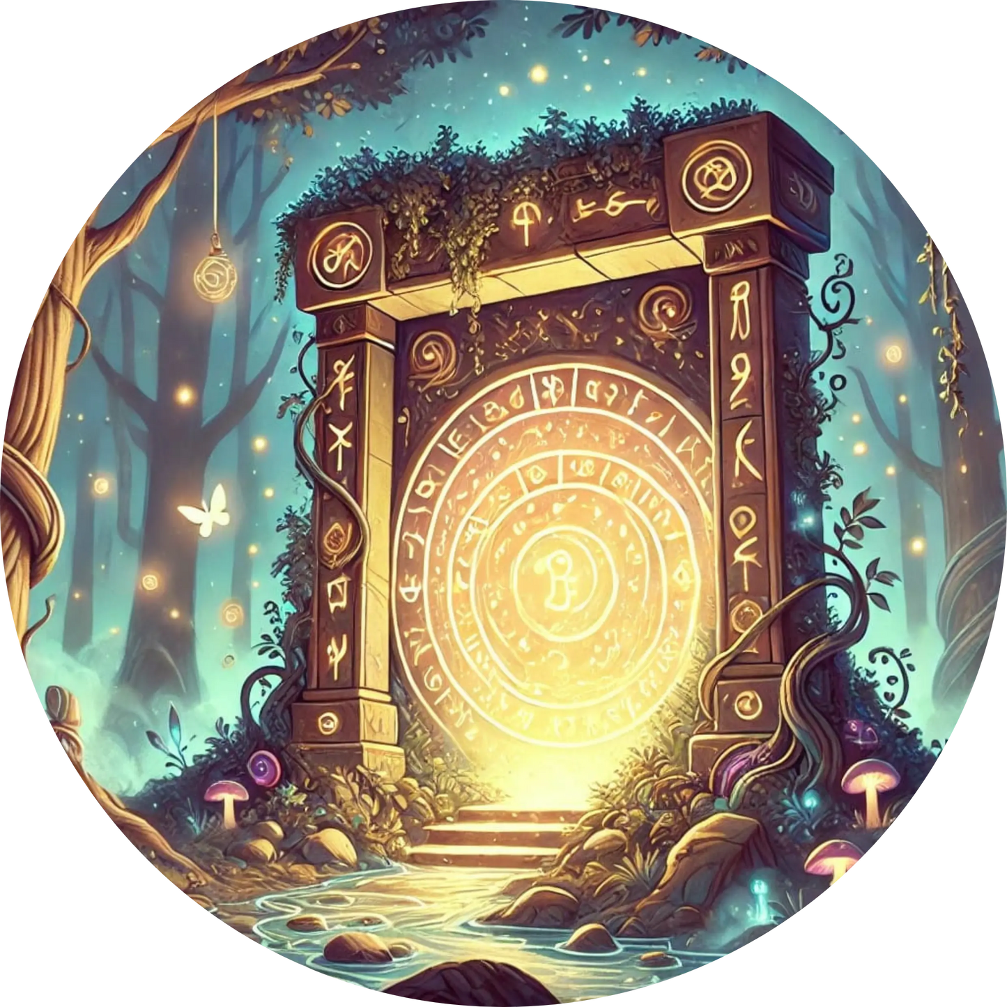 Leuchtendes Portal mit Runen in dunkler Baumumgebung