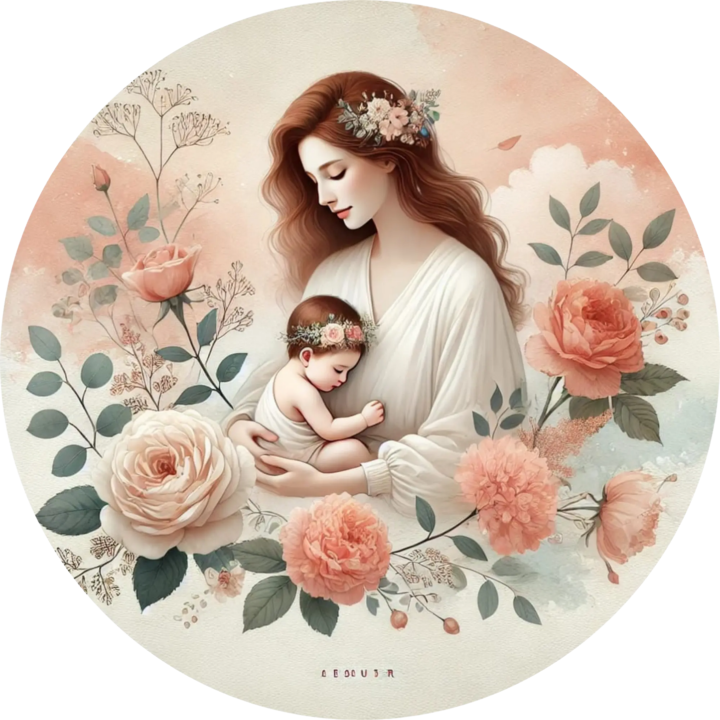 Klassisches Mutter-Kind-Porträt mit Blumenkranz und Rosen, zart in Rosa und Creme.