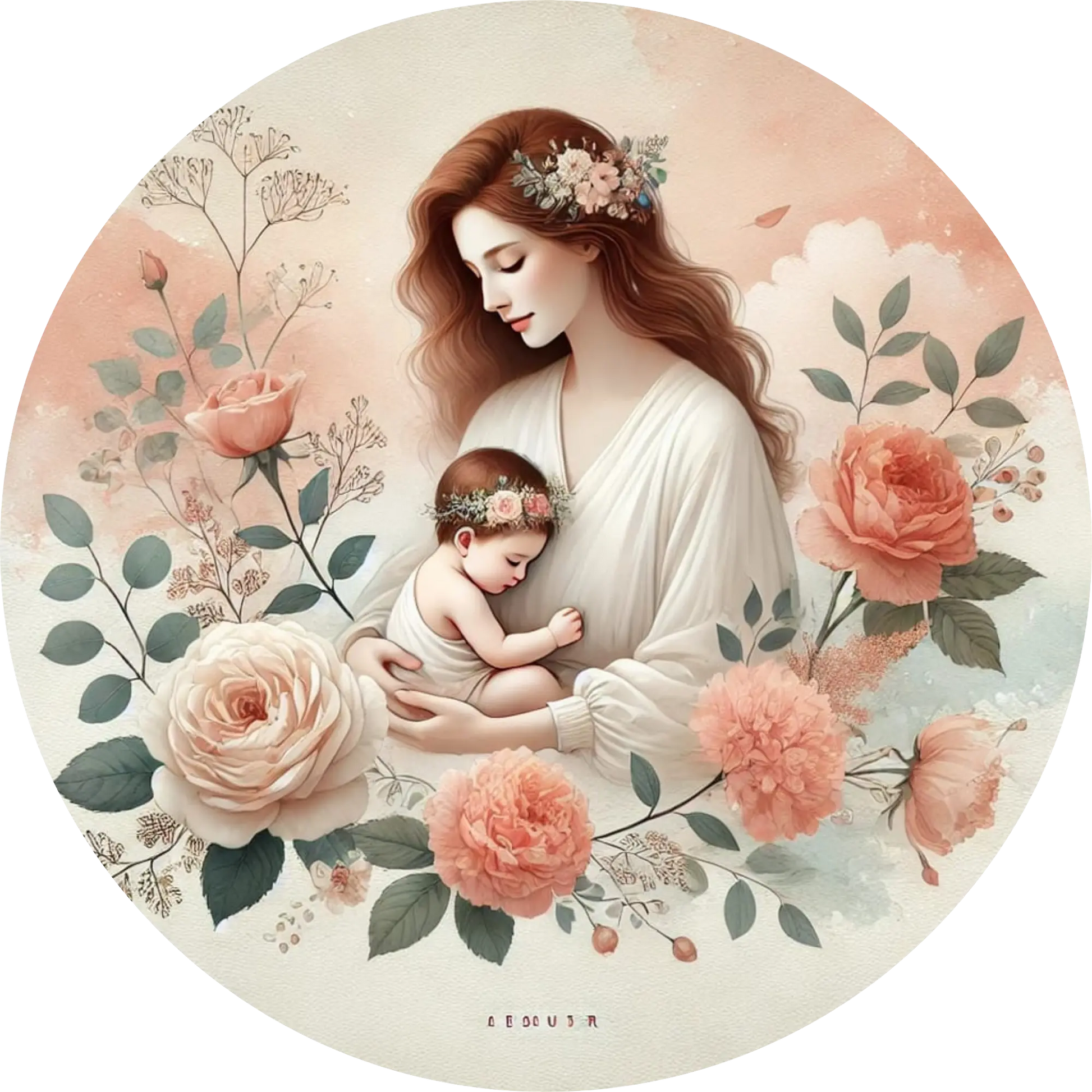 Klassisches Mutter-Kind-Porträt mit Blumenkranz und Rosen, zart in Rosa und Creme.