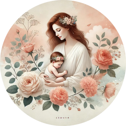 Klassisches Mutter-Kind-Porträt mit Blumenkranz und Rosen, zart in Rosa und Creme.