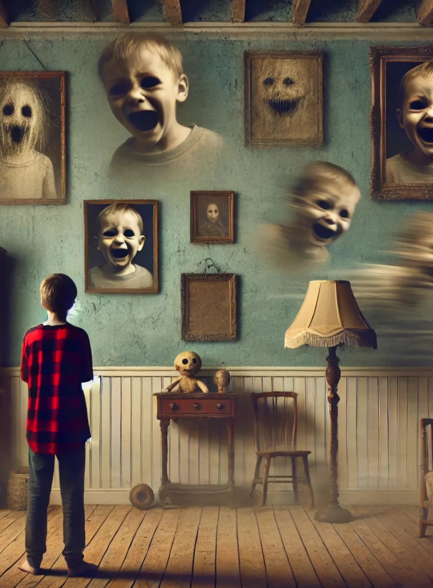Gruseliger Raum voller Porträts mit starrenden Augen. Eine kleine Gestalt in Rot steht im Zentrum der Aufmerksamkeit – bedrohlich und surreal.