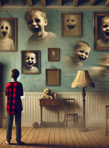 Gruseliger Raum voller Porträts mit starrenden Augen. Eine kleine Gestalt in Rot steht im Zentrum der Aufmerksamkeit – bedrohlich und surreal.