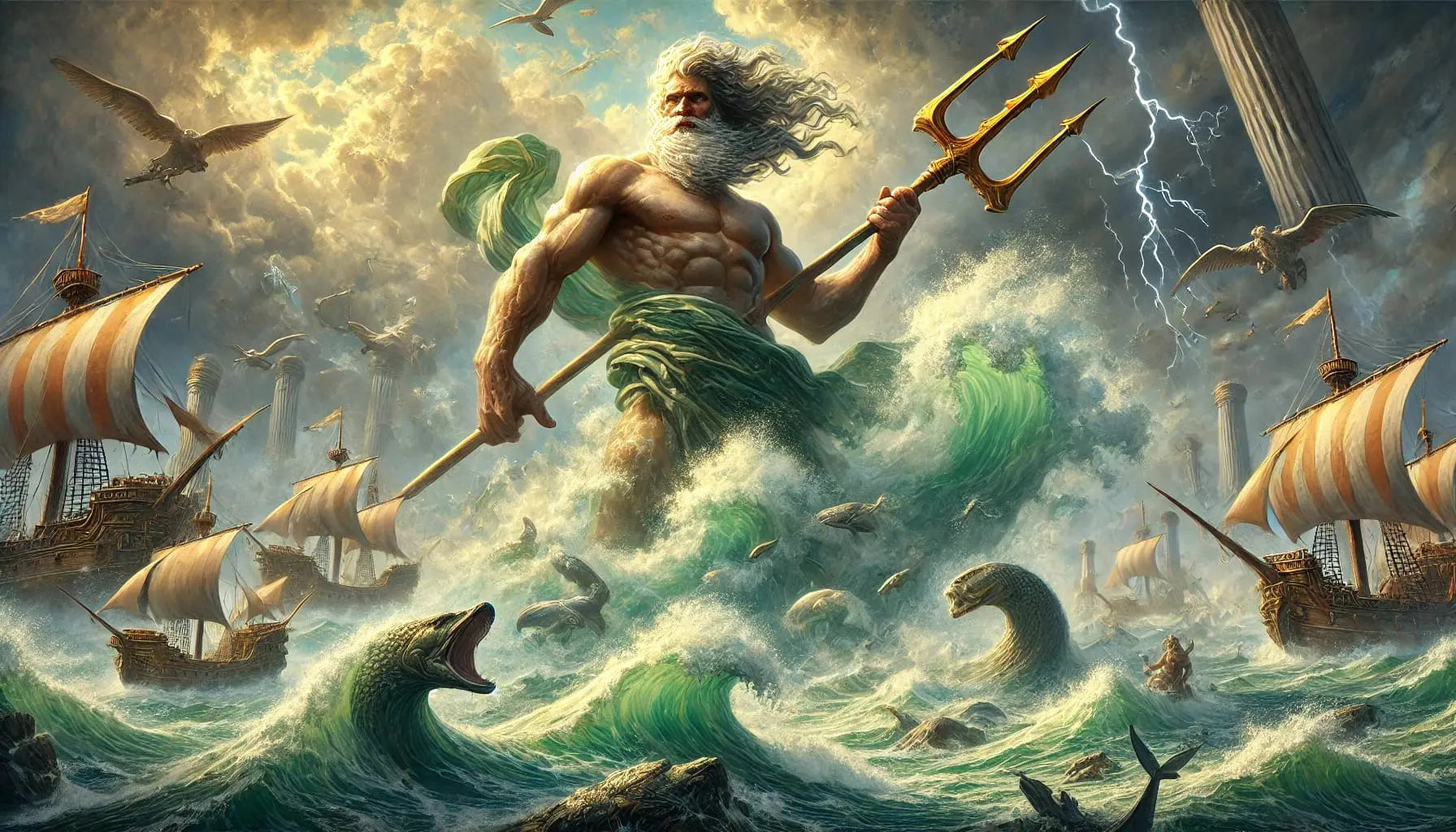 Poseidon in Wellen – klassische Darstellung des griechischen Meeresgottes mit Dreizack.