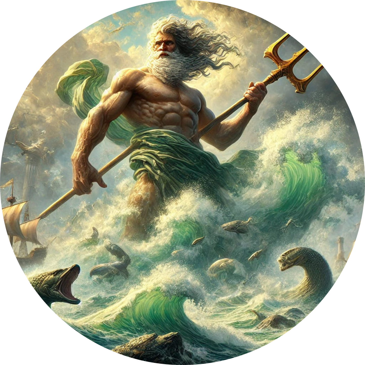 Poseidon erhebt sich aus dem Meer mit Dreizack und tobender See