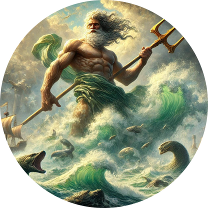 Poseidon erhebt sich aus dem Meer mit Dreizack und tobender See