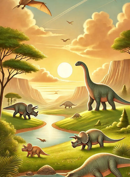 Verschiedene Pflanzenfresser und Raubdinosaurier in einer prähistorischen Steppe mit goldgelbem Licht.